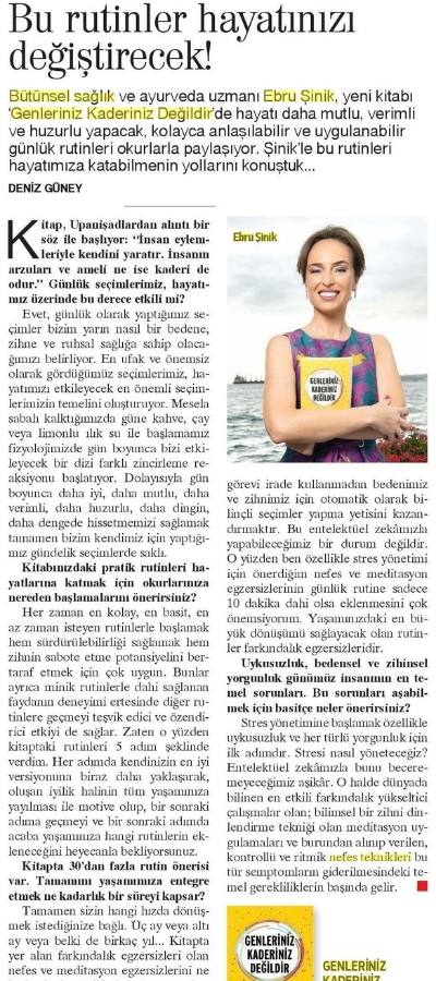 Hürriyet Gazetesi Kasım 2018 – Ebru Şinik röportaj sayfası